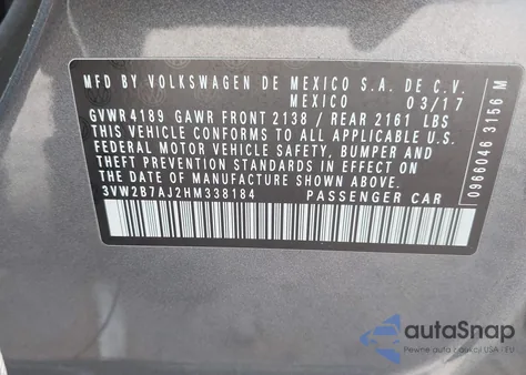 2017 Volkswagen Jetta 1.4T S from USA, damaged, VIN 3VW2B7AJ2HM338184